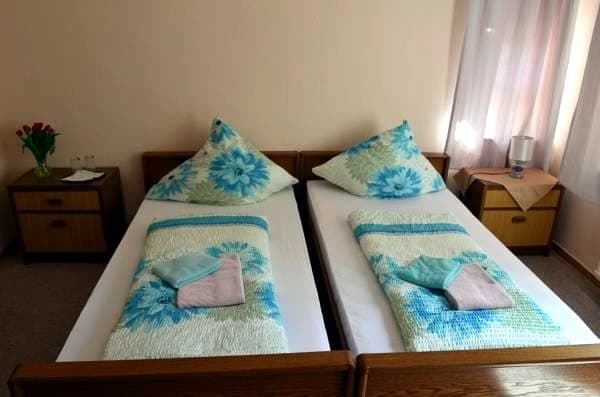 Zimmer mit zwei Betten, blau geblümten Decken und roten Blumen auf dem Nachttisch